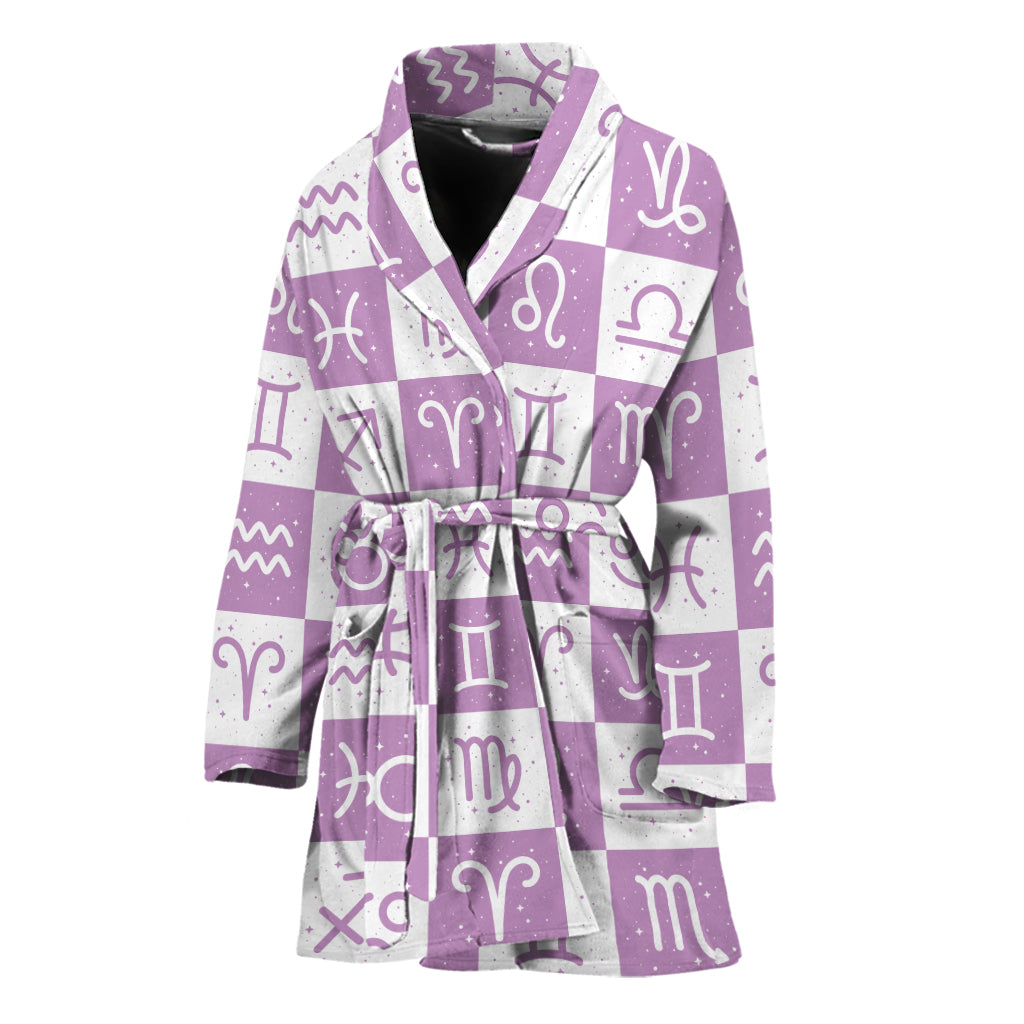 White And Purple Zodiac Signs Print Women's Bathrobe