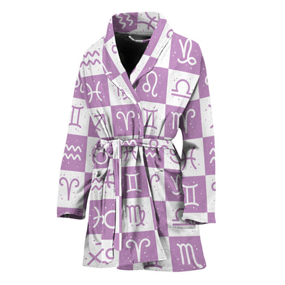 White And Purple Zodiac Signs Print Women's Bathrobe