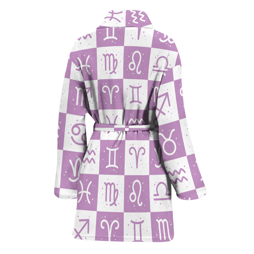 White And Purple Zodiac Signs Print Women's Bathrobe