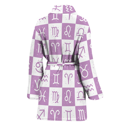 White And Purple Zodiac Signs Print Women's Bathrobe
