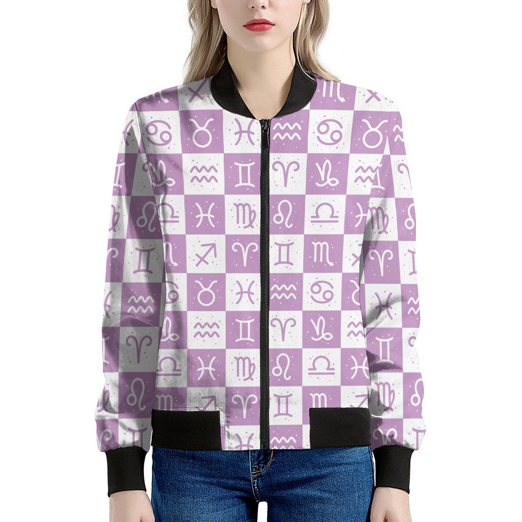 White And Purple Zodiac Signs Print Women's Bomber Jacket