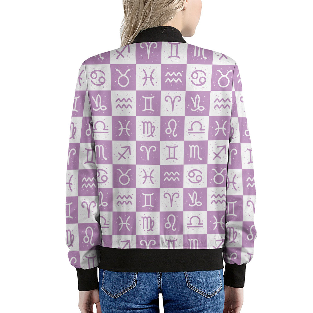 White And Purple Zodiac Signs Print Women's Bomber Jacket