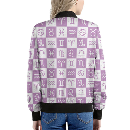 White And Purple Zodiac Signs Print Women's Bomber Jacket
