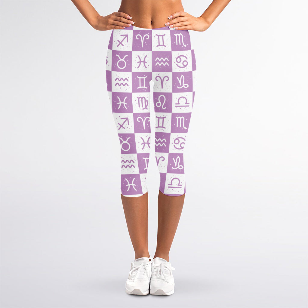White And Purple Zodiac Signs Print Women's Capri Leggings
