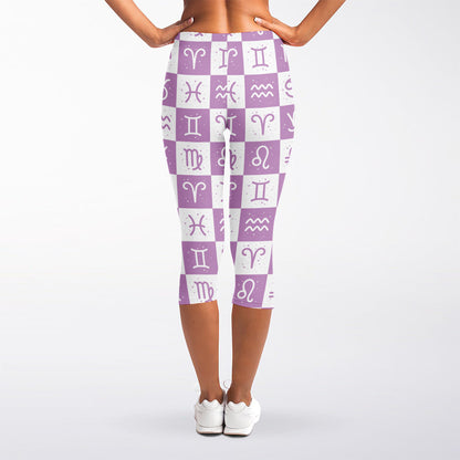 White And Purple Zodiac Signs Print Women's Capri Leggings