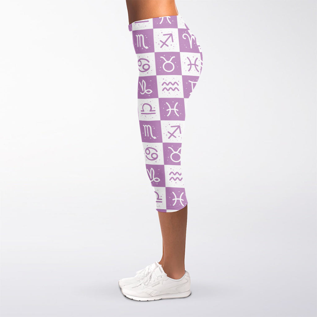 White And Purple Zodiac Signs Print Women's Capri Leggings