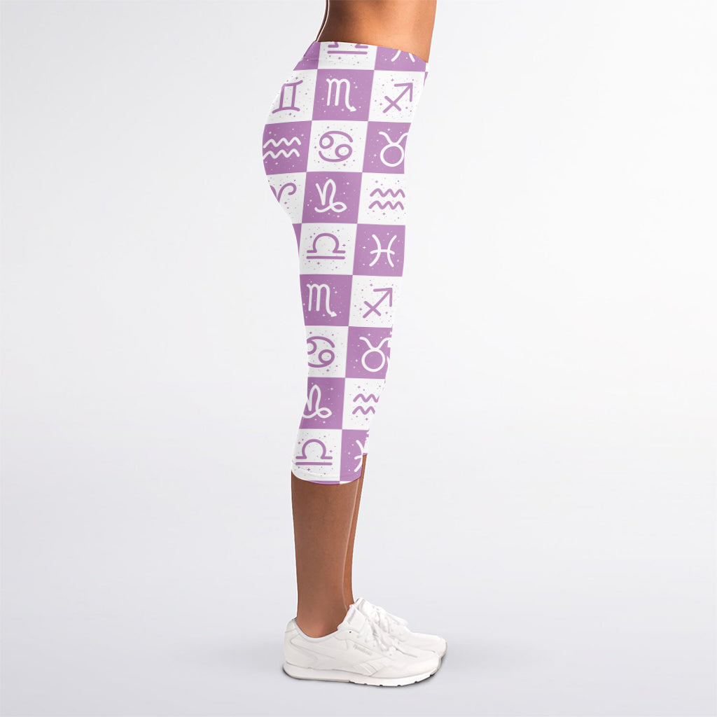 White And Purple Zodiac Signs Print Women's Capri Leggings