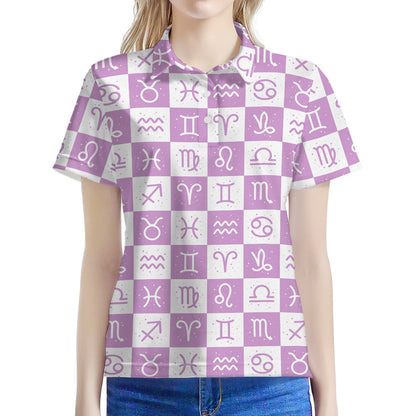 White And Purple Zodiac Signs Print Women's Polo Shirt