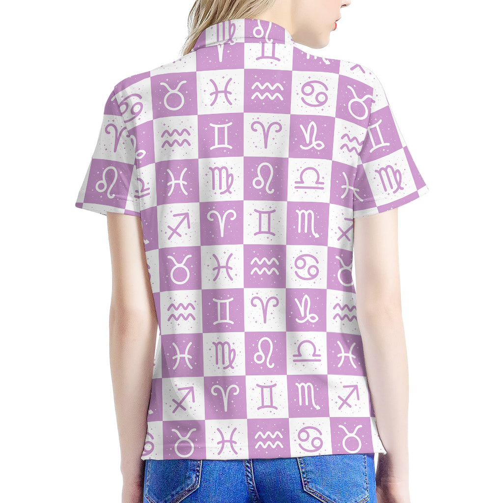 White And Purple Zodiac Signs Print Women's Polo Shirt