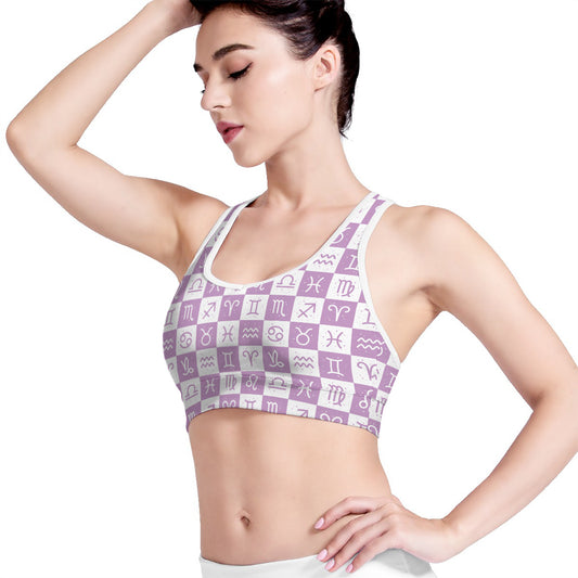 White And Purple Zodiac Signs Print Women's Sports Bra