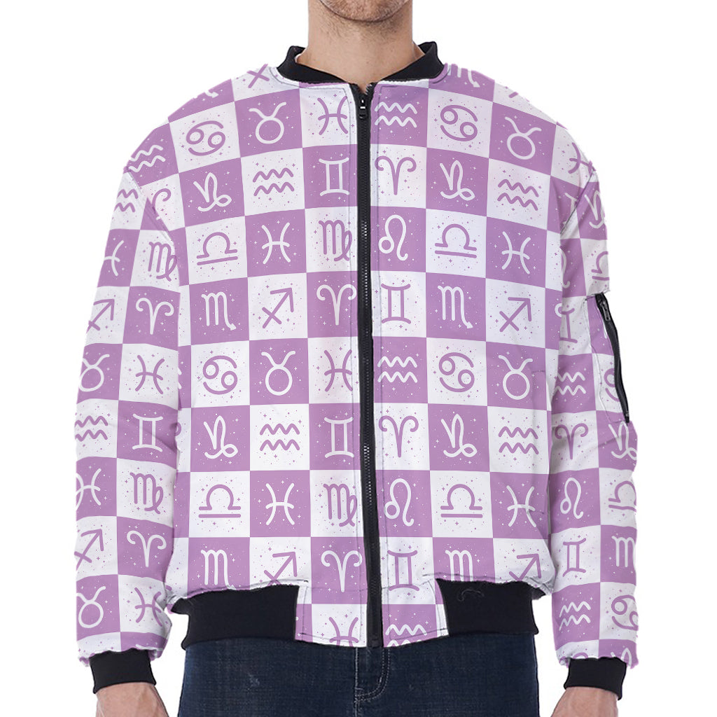 White And Purple Zodiac Signs Print Zip Sleeve Bomber Jacket
