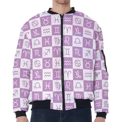 White And Purple Zodiac Signs Print Zip Sleeve Bomber Jacket