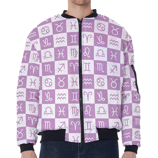 White And Purple Zodiac Signs Print Zip Sleeve Bomber Jacket