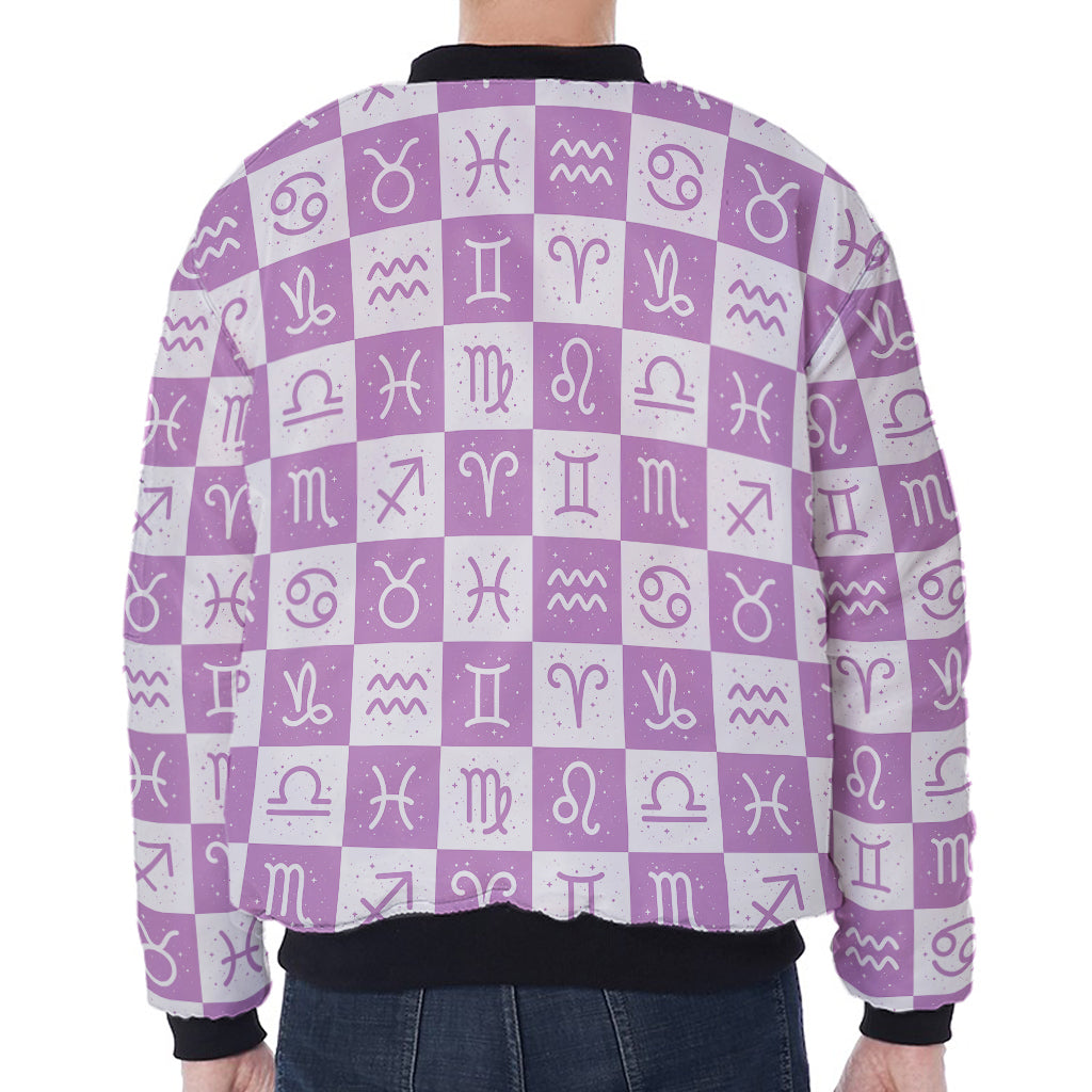 White And Purple Zodiac Signs Print Zip Sleeve Bomber Jacket