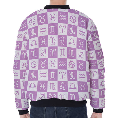 White And Purple Zodiac Signs Print Zip Sleeve Bomber Jacket