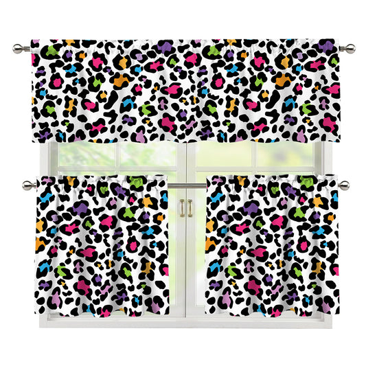 White And Rainbow Leopard Print 3 Piece Kitchen Curtains
