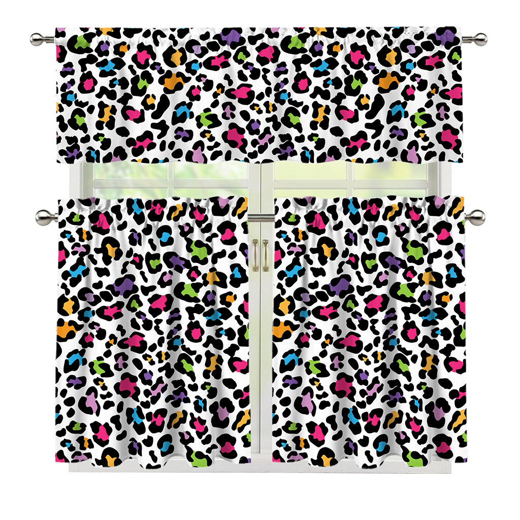 White And Rainbow Leopard Print 3 Piece Kitchen Curtains