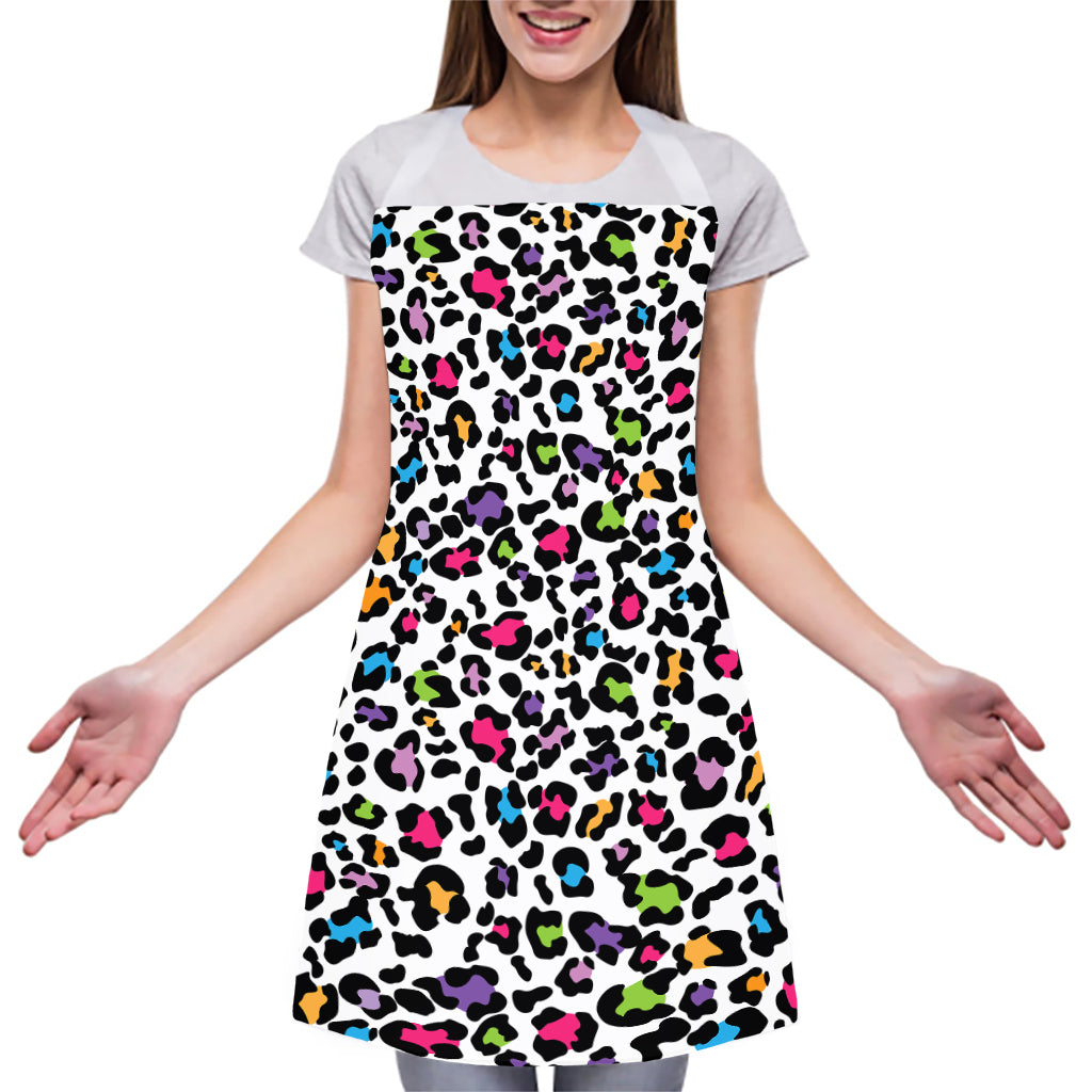 White And Rainbow Leopard Print Adjustable Apron