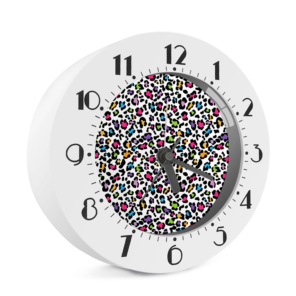 White And Rainbow Leopard Print Alarm Clock
