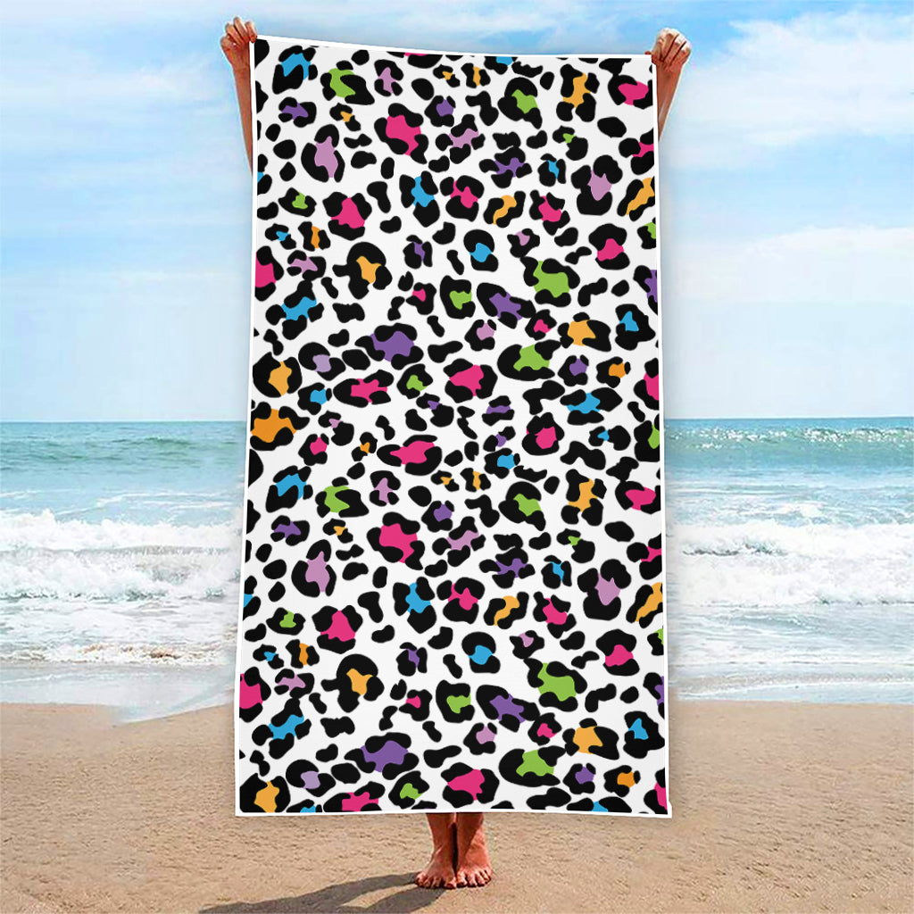 White And Rainbow Leopard Print Beach Towel