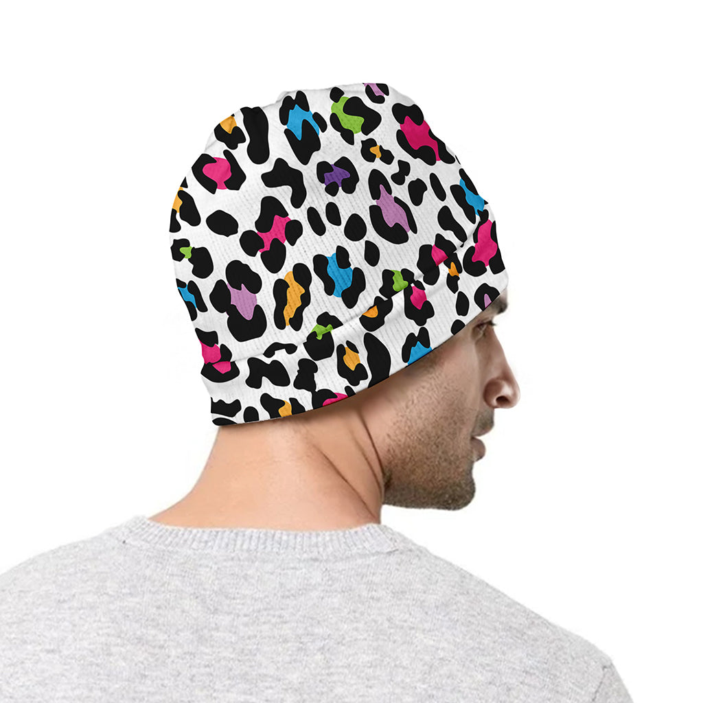White And Rainbow Leopard Print Beanie