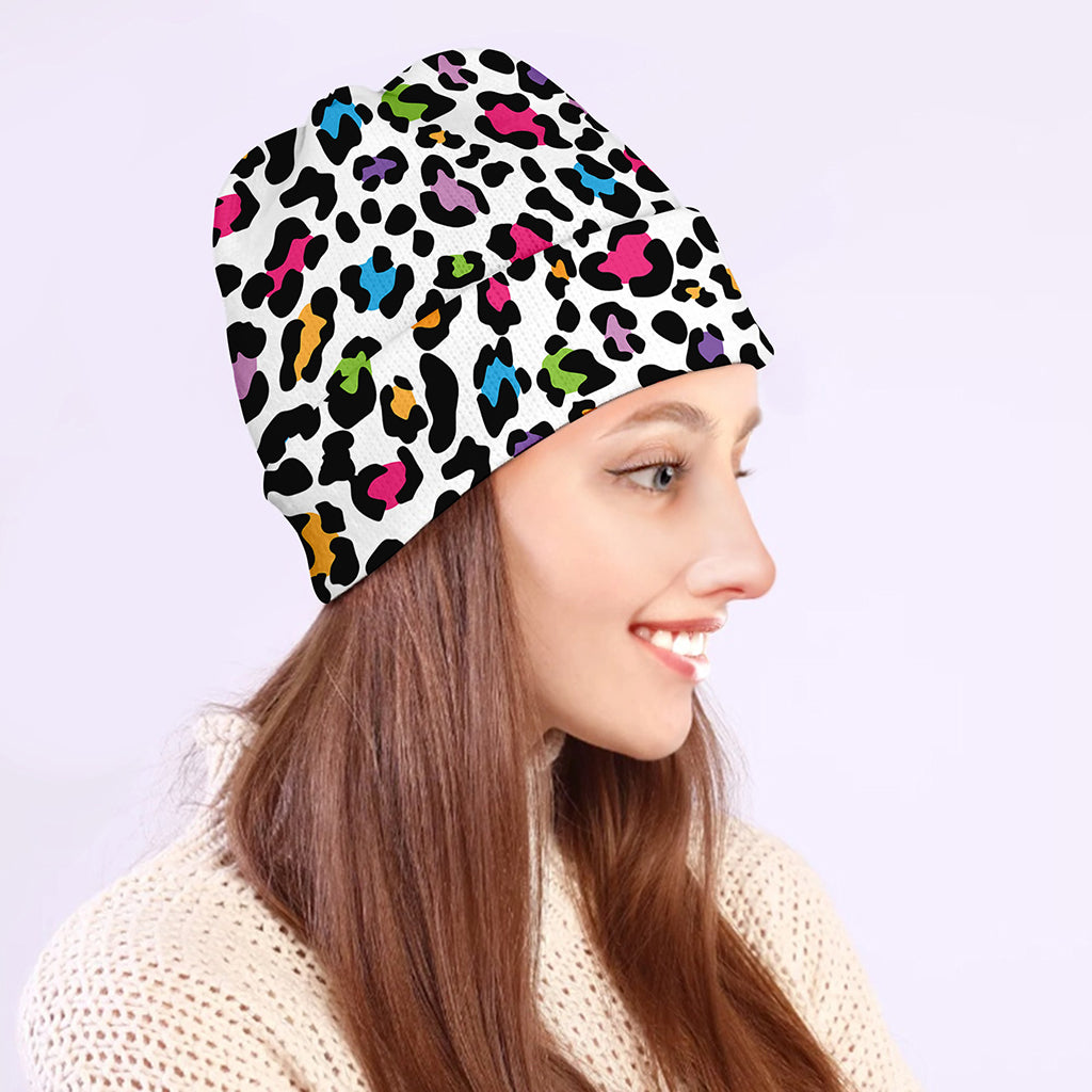 White And Rainbow Leopard Print Beanie