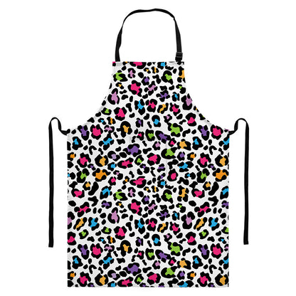White And Rainbow Leopard Print Bib Apron With Pocket