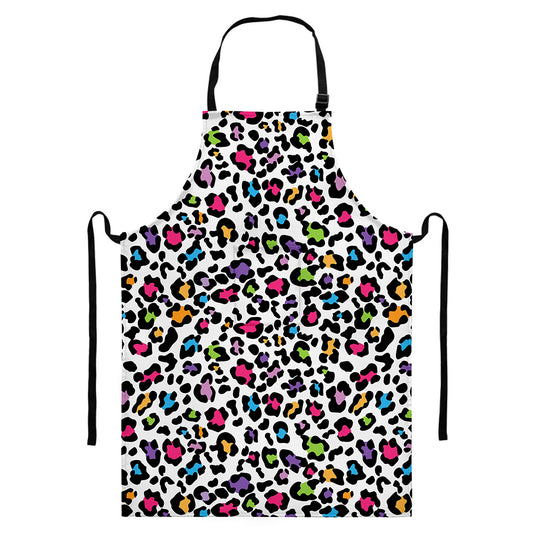 White And Rainbow Leopard Print Bib Apron With Pocket