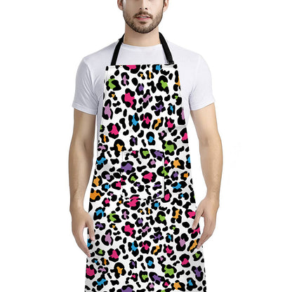 White And Rainbow Leopard Print Bib Apron With Pocket