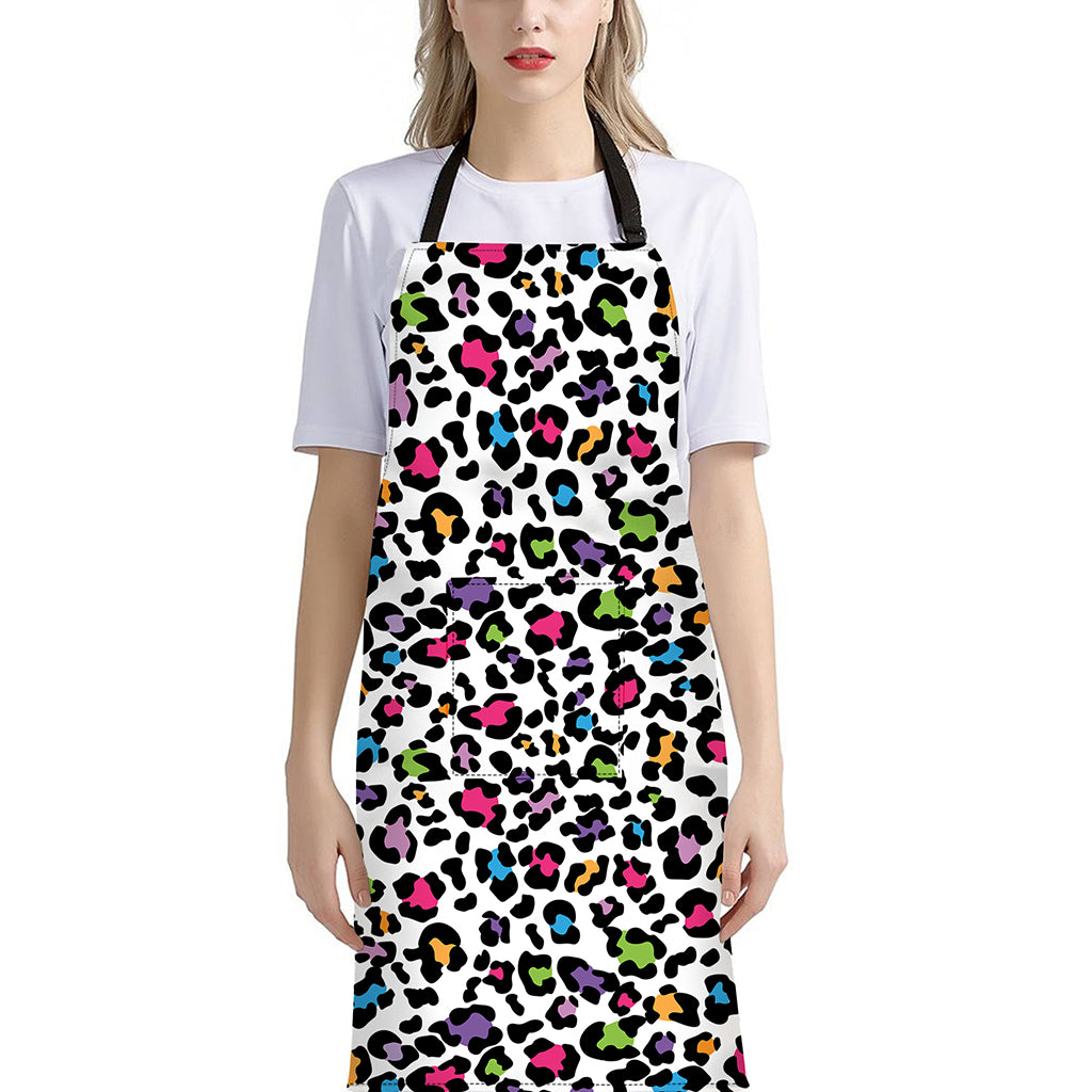 White And Rainbow Leopard Print Bib Apron With Pocket