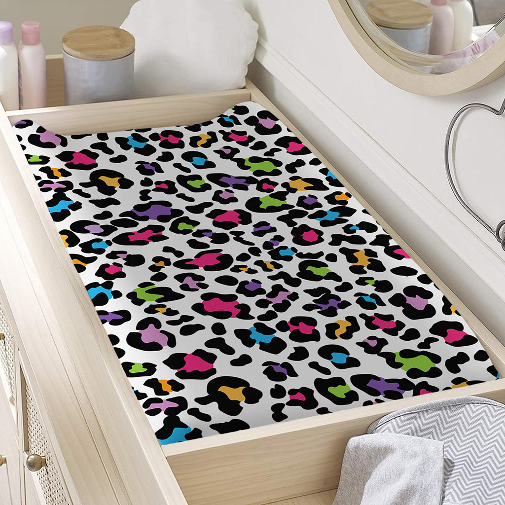White And Rainbow Leopard Print Changing Pad Cover