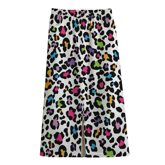 White And Rainbow Leopard Print Cotton Front Slit Maxi Skirt
