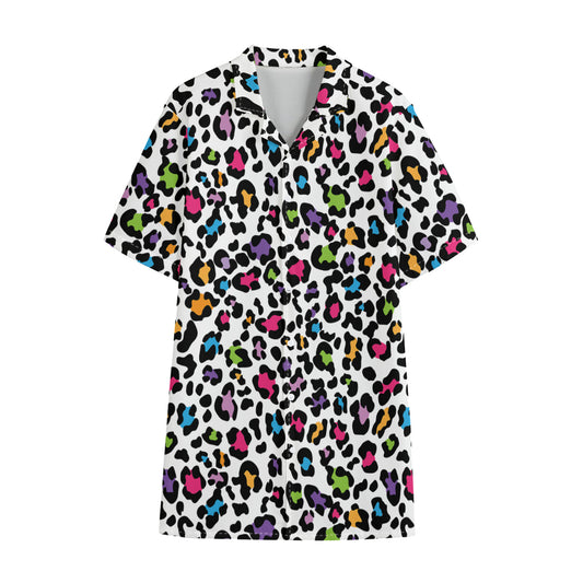 White And Rainbow Leopard Print Cotton Hawaiian Shirt