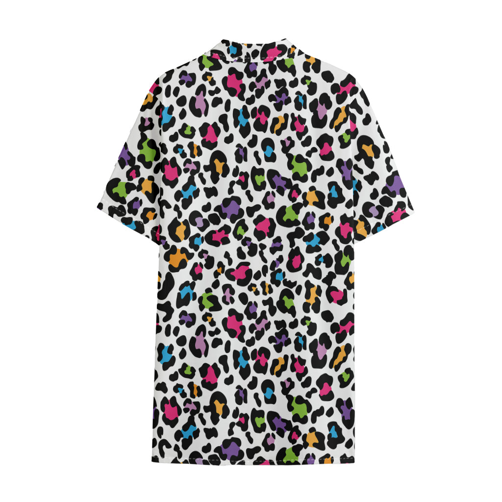 White And Rainbow Leopard Print Cotton Hawaiian Shirt