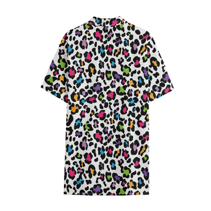 White And Rainbow Leopard Print Cotton Hawaiian Shirt