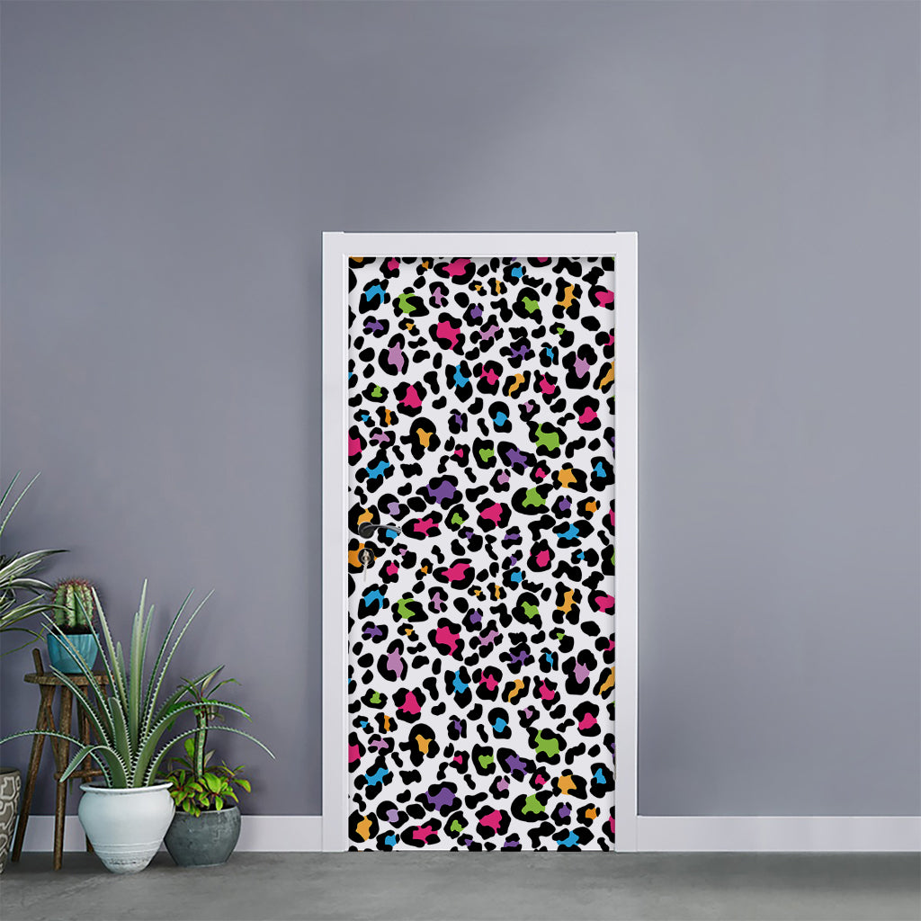 White And Rainbow Leopard Print Door Sticker
