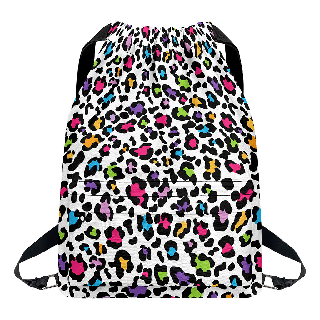 White And Rainbow Leopard Print Drawstring Backpack