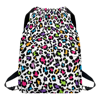 White And Rainbow Leopard Print Drawstring Backpack