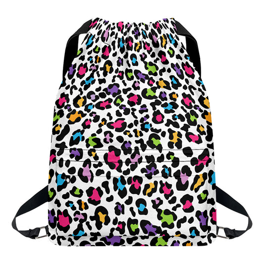 White And Rainbow Leopard Print Drawstring Backpack