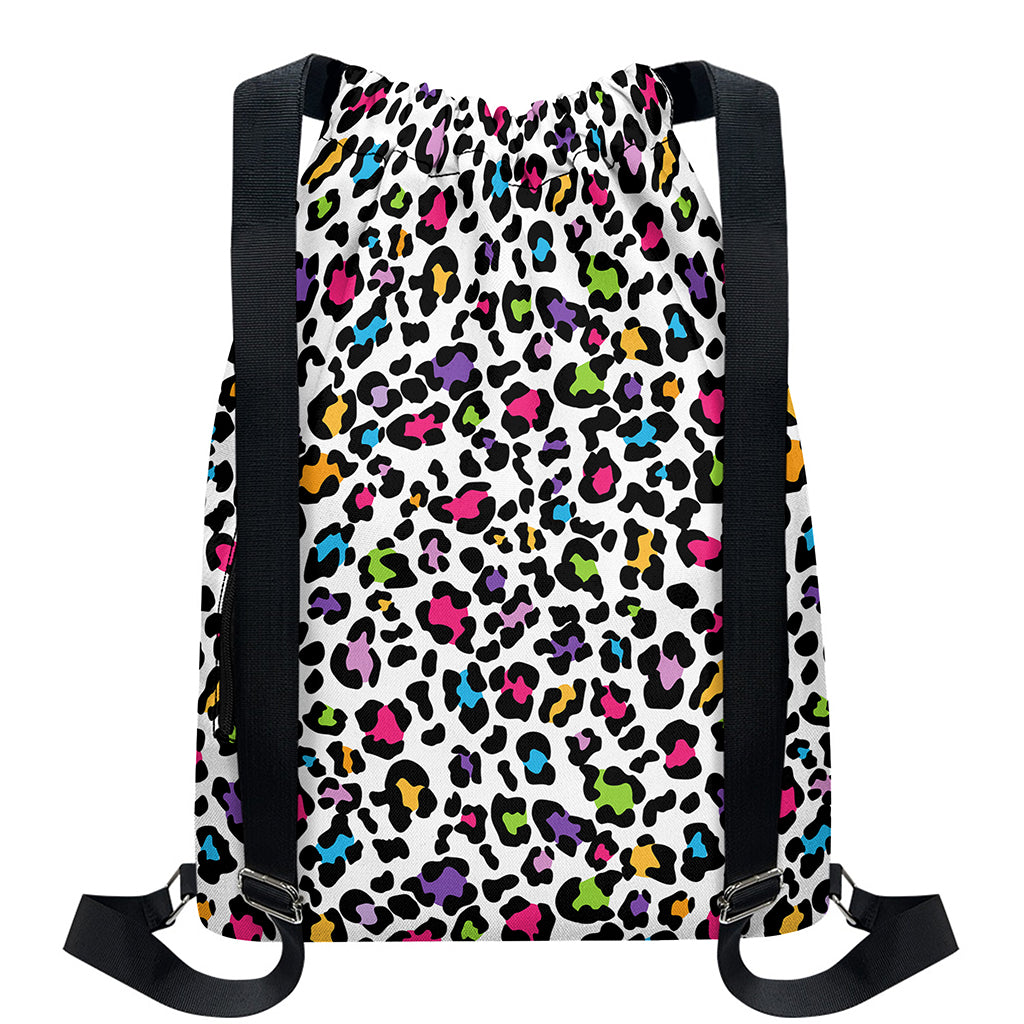 White And Rainbow Leopard Print Drawstring Backpack
