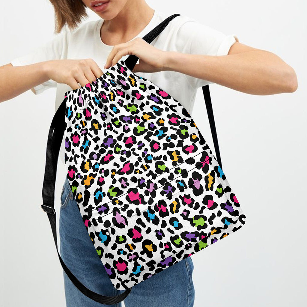 White And Rainbow Leopard Print Drawstring Backpack