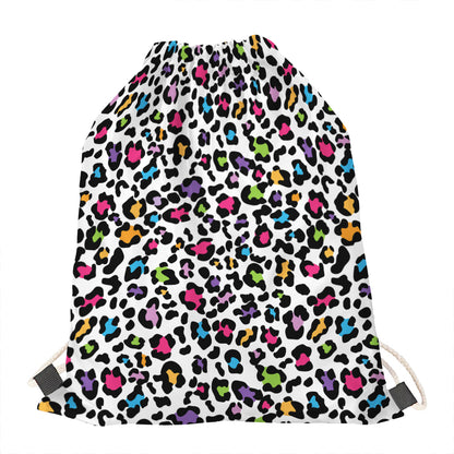 White And Rainbow Leopard Print Drawstring Bag
