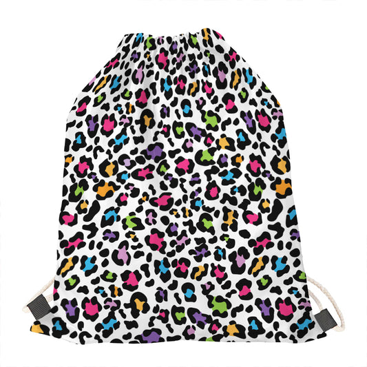 White And Rainbow Leopard Print Drawstring Bag