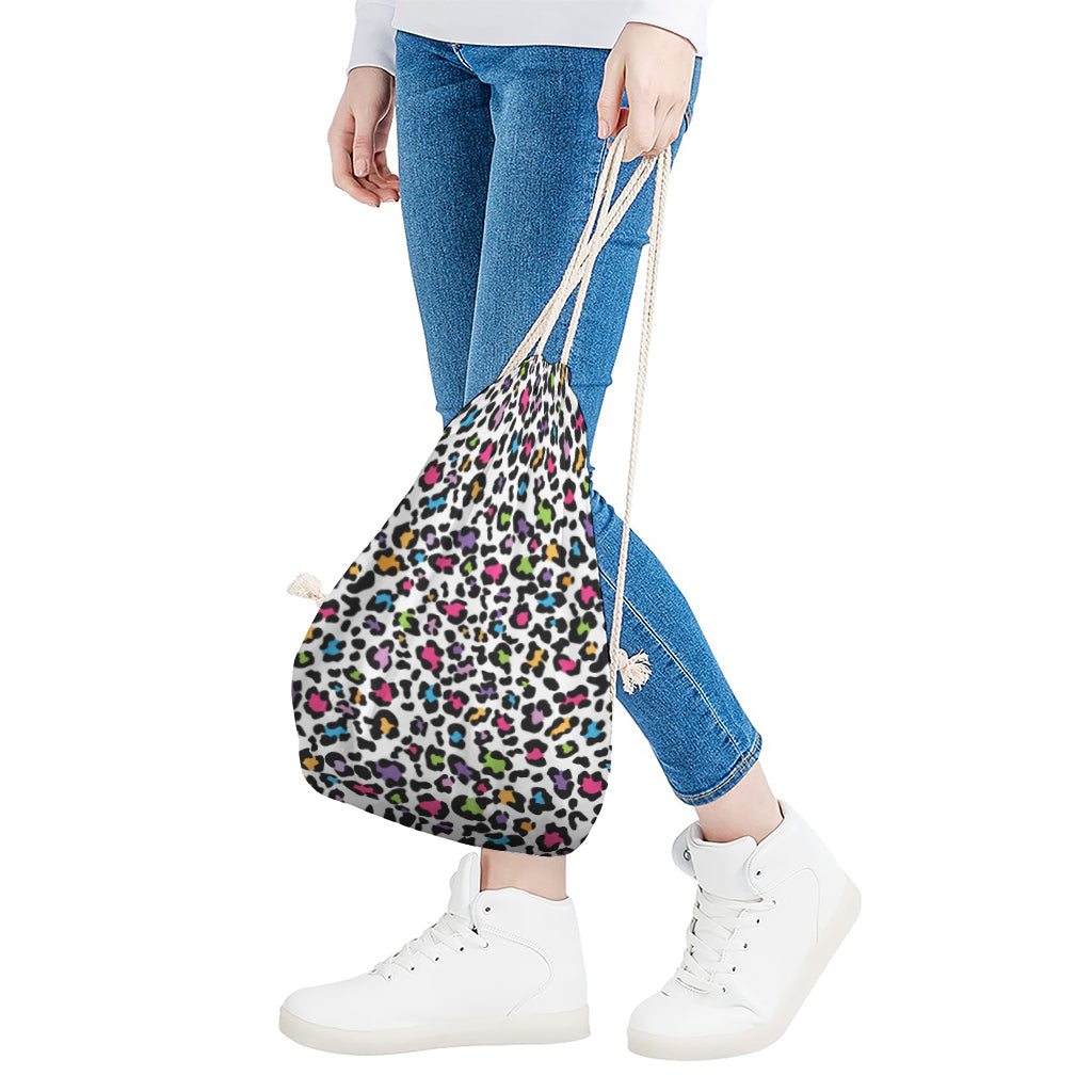 White And Rainbow Leopard Print Drawstring Bag
