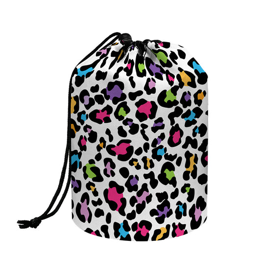 White And Rainbow Leopard Print Drawstring Makeup Bag