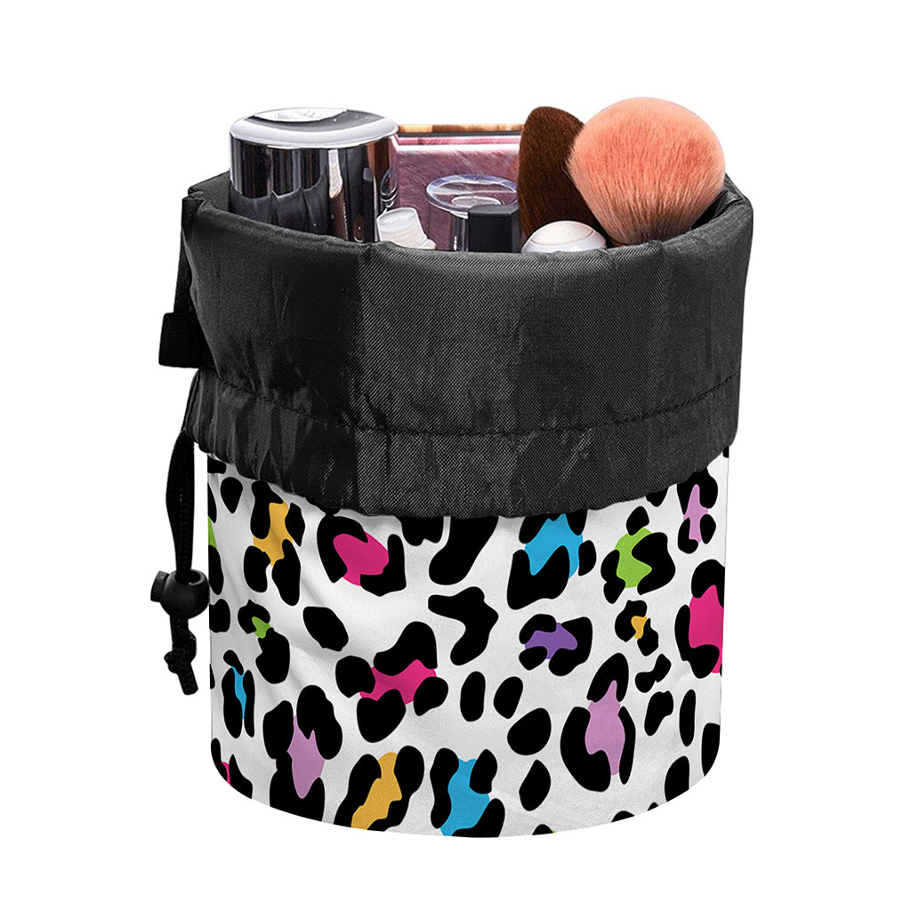 White And Rainbow Leopard Print Drawstring Makeup Bag