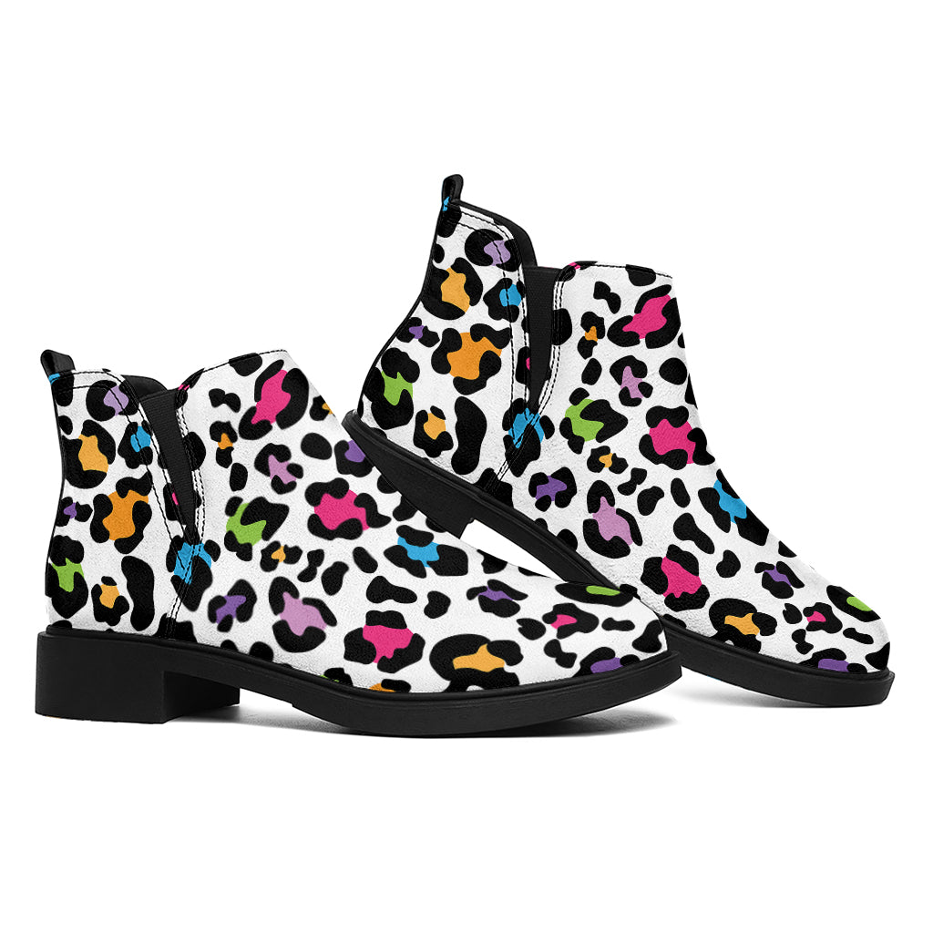 White And Rainbow Leopard Print Flat Ankle Boots