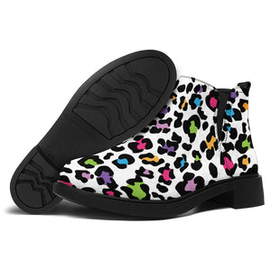 White And Rainbow Leopard Print Flat Ankle Boots