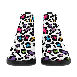 White And Rainbow Leopard Print Flat Ankle Boots