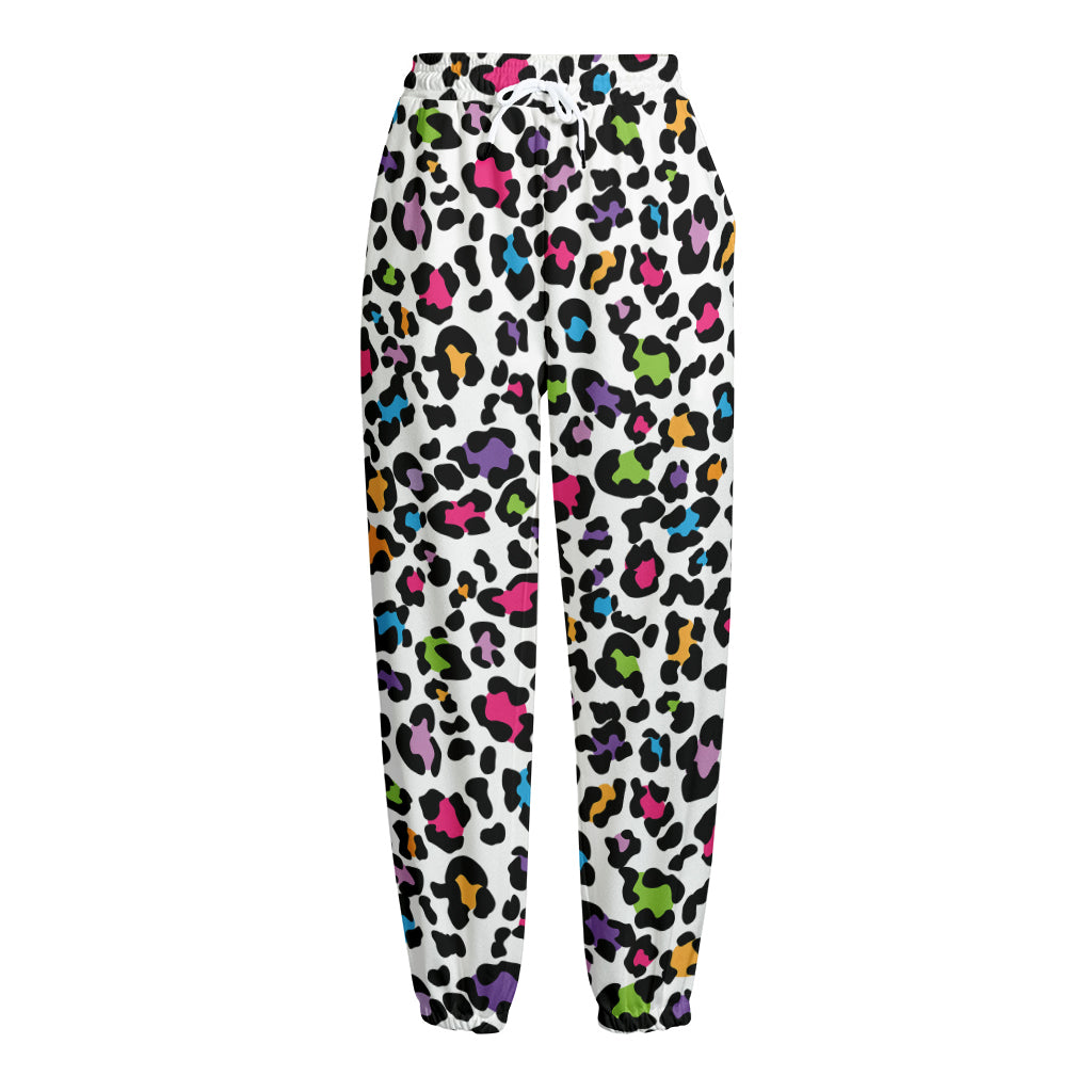 White And Rainbow Leopard Print Fleece Lined Knit Pants